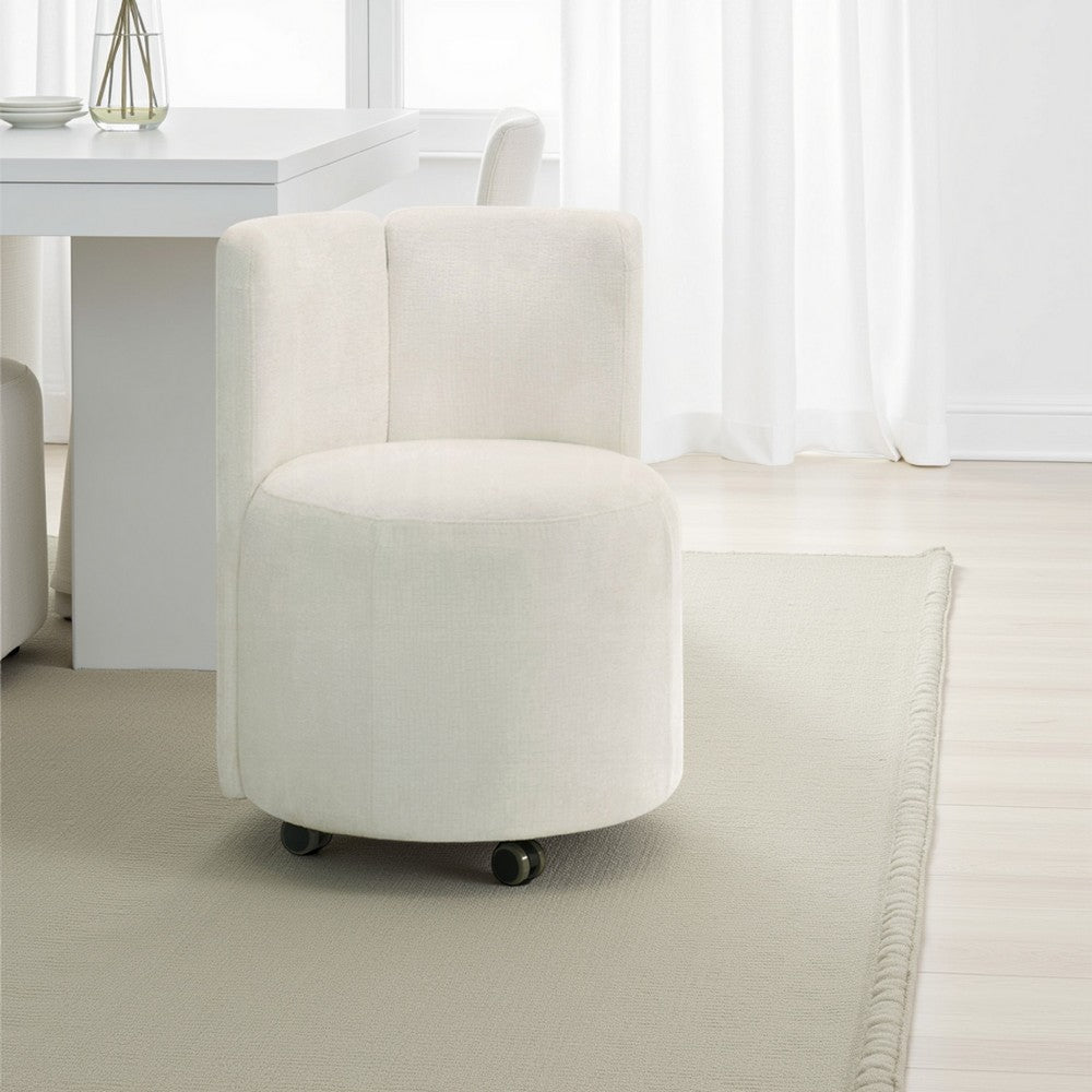 Benjara Yodo Dining Side Chair Set of 2, Rolling Caster Wheels, White Chenille