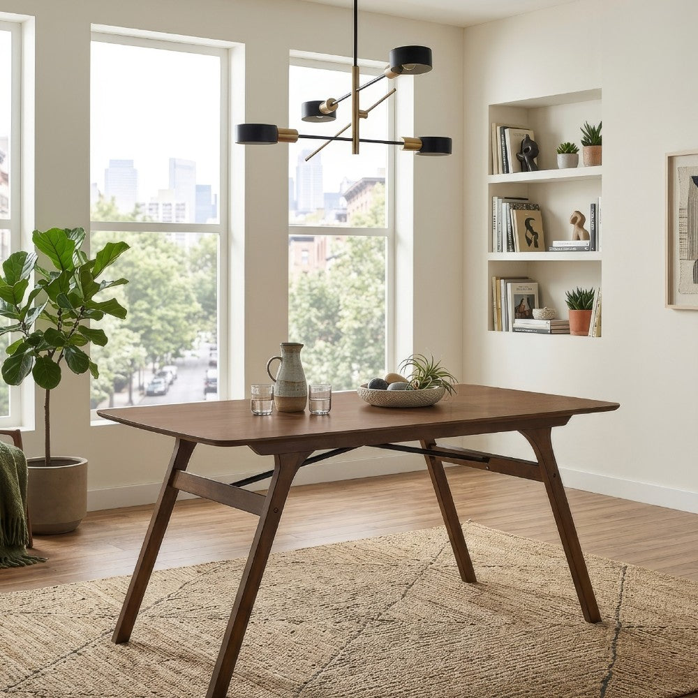 Benjara Lumy Dining Table, 59 Inch, Rectangular Top, Walnut Brown Rubberwood