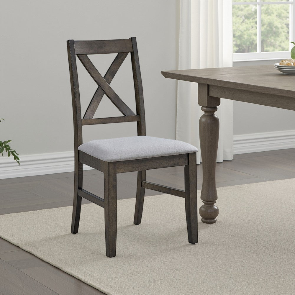 Benjara Side Dining Chair Set of 2, X Farmhouse Back, Padded Gray And Beige