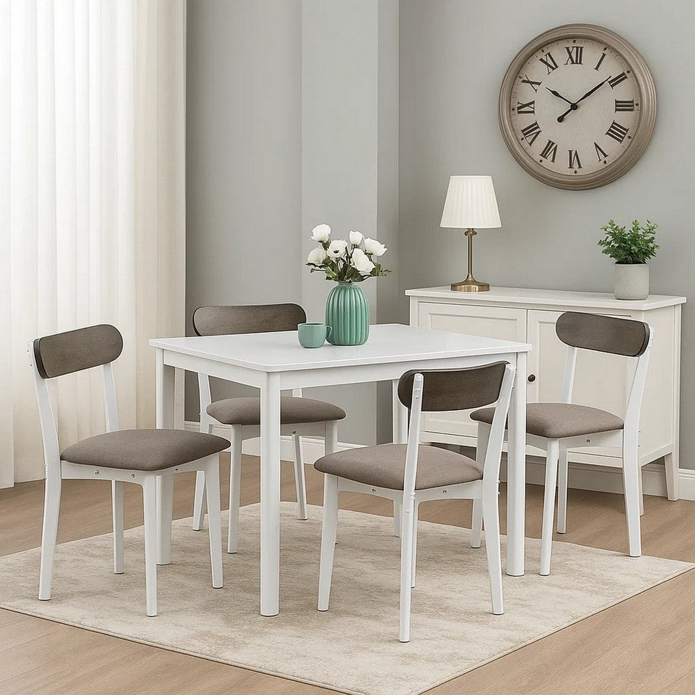 Benjara Ideli 5 Piece Dining Table Set with 4 Chairs, Brown Linen, White Wood