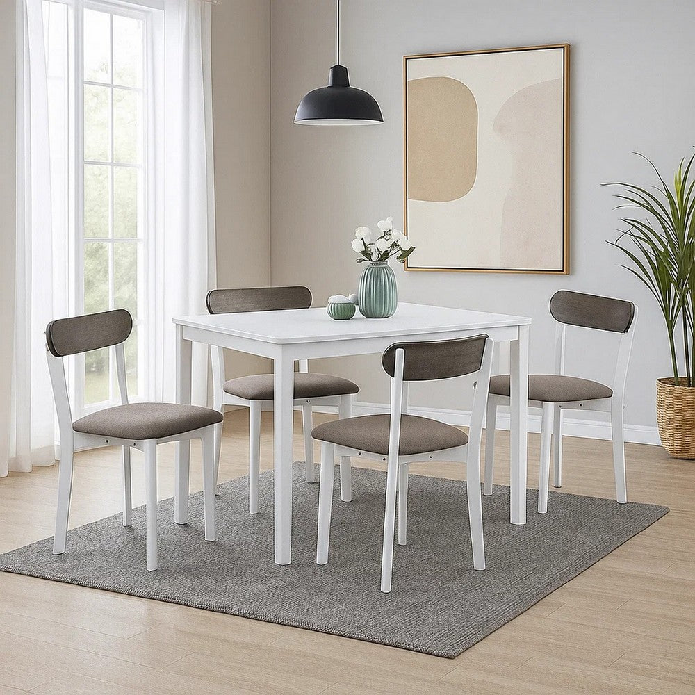 Benjara Ideli 5 Piece Dining Table Set with 4 Chairs, Brown Linen, White Wood