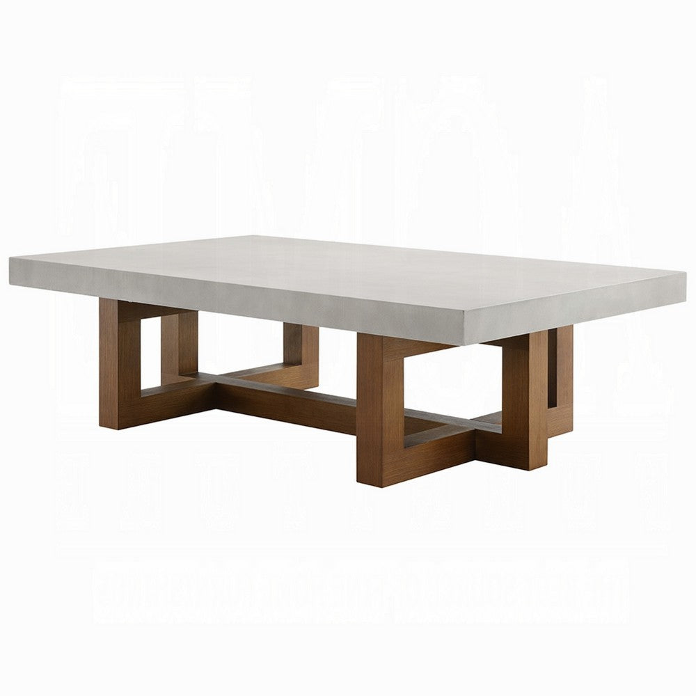 Benjara Joshua Coffee Table, Gray Faux Concrete Top, Walnut Brown Wood 47 Inch