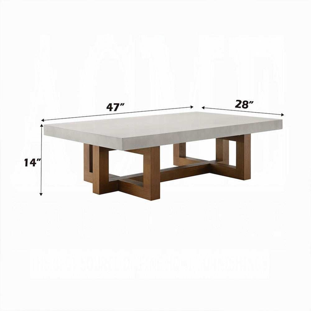 Benjara Joshua Coffee Table, Gray Faux Concrete Top, Walnut Brown Wood 47 Inch