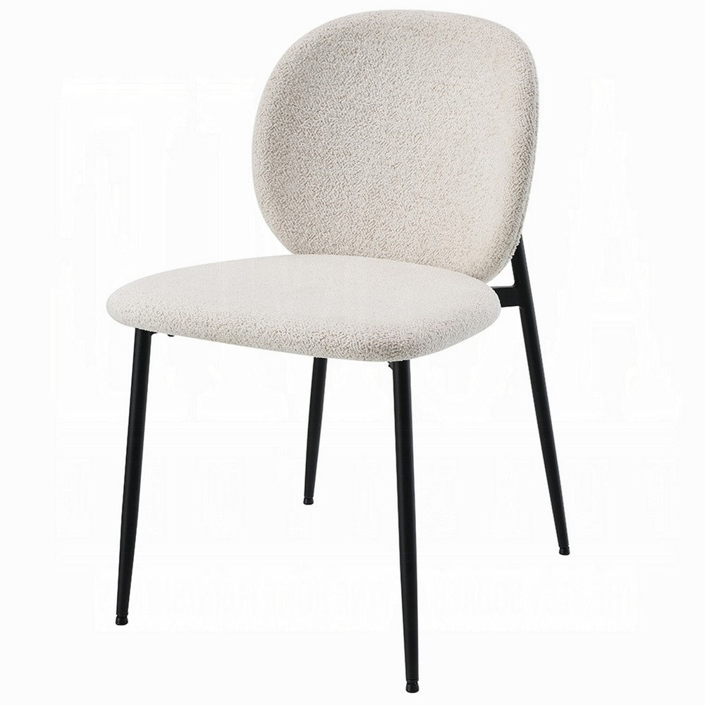 Benjara Laus Side Dining Chair Set of 2, White Boucle, Sleek Black Metal