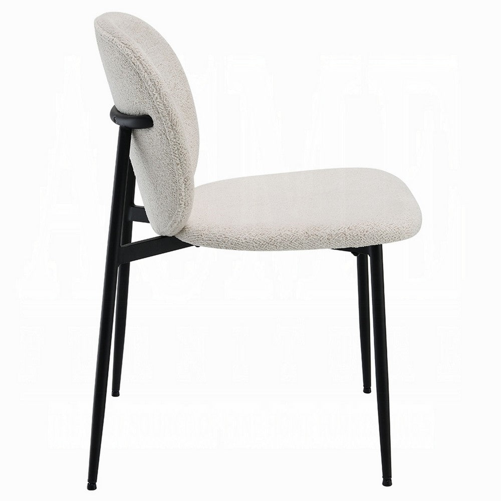 Benjara Laus Side Dining Chair Set of 2, White Boucle, Sleek Black Metal