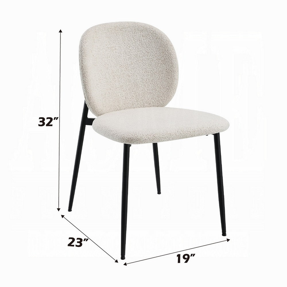 Benjara Laus Side Dining Chair Set of 2, White Boucle, Sleek Black Metal