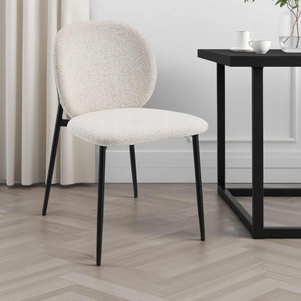 Benjara Laus Side Dining Chair Set of 2, White Boucle, Sleek Black Metal