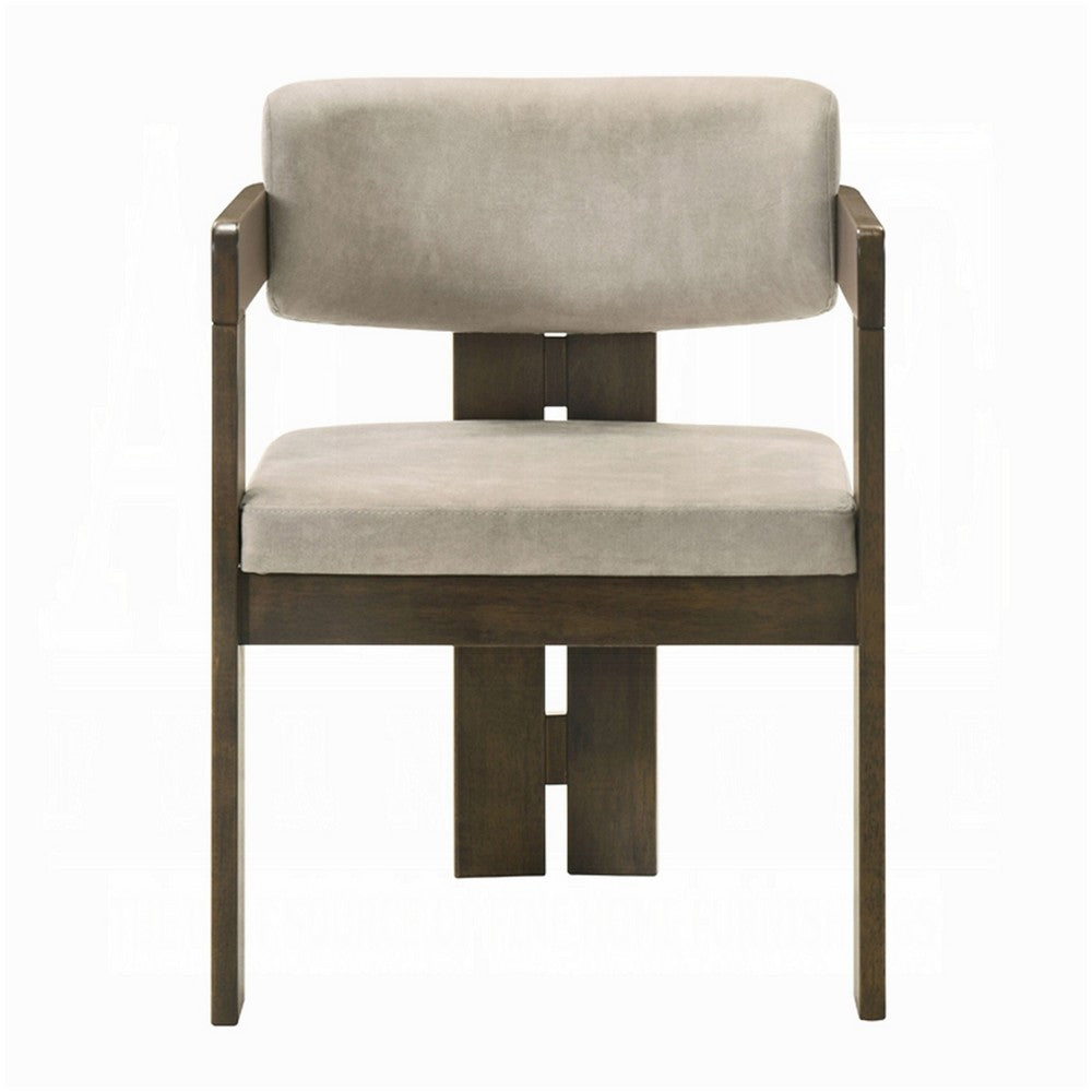 Benjara Diny Dining Armchair, Gray Polished Microfiber, Walnut Brown Wood