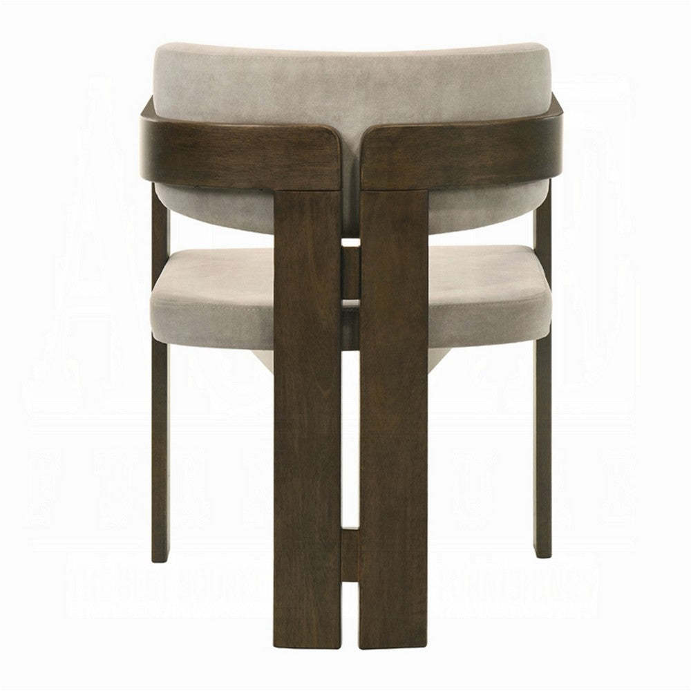 Benjara Diny Dining Armchair, Gray Polished Microfiber, Walnut Brown Wood