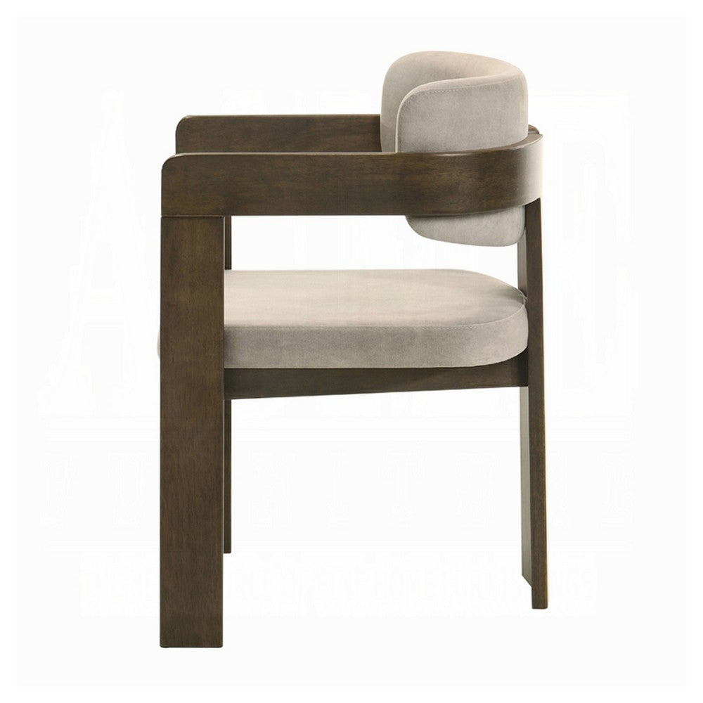 Benjara Diny Dining Armchair, Gray Polished Microfiber, Walnut Brown Wood