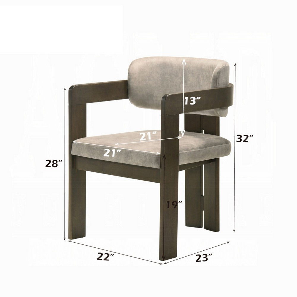 Benjara Diny Dining Armchair, Gray Polished Microfiber, Walnut Brown Wood