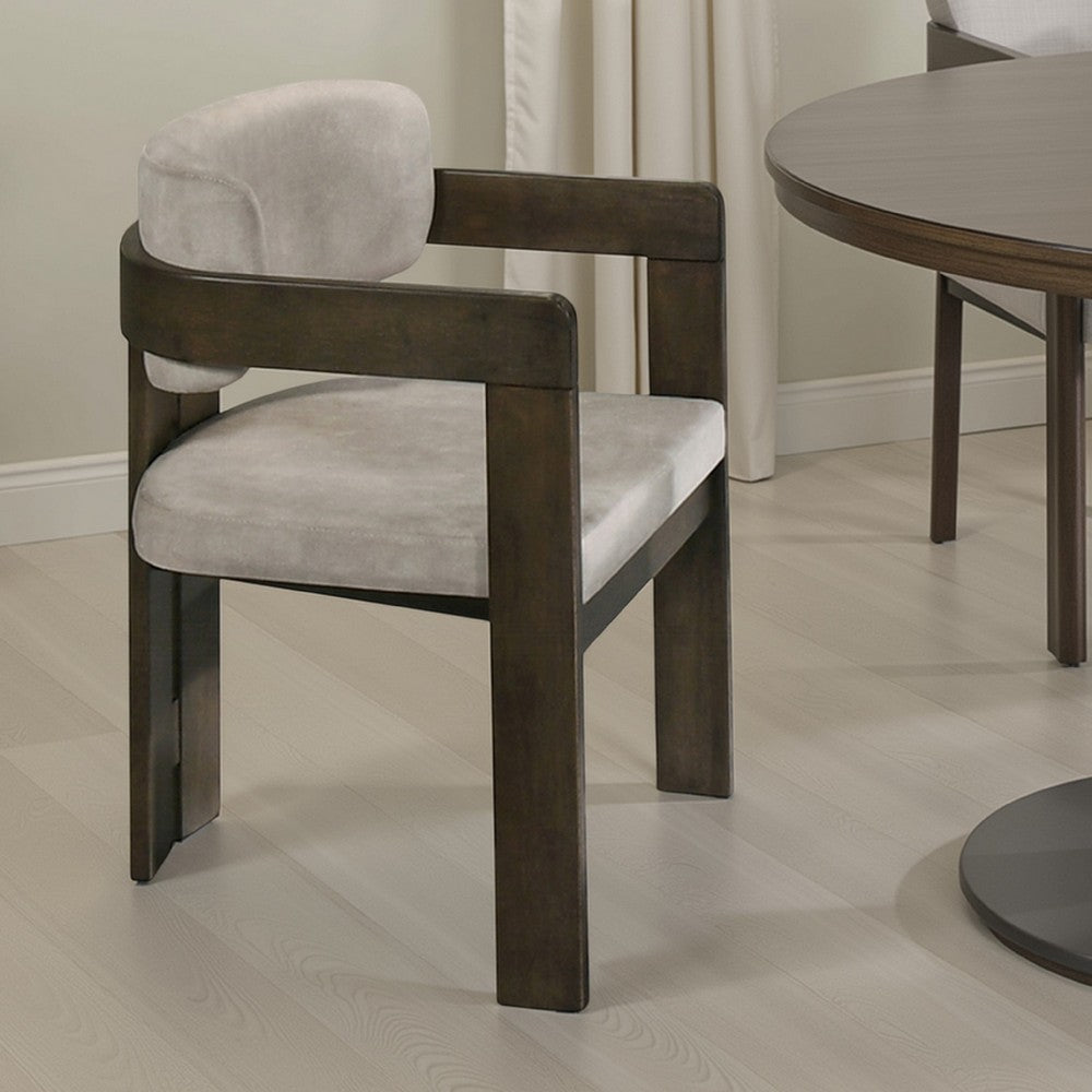 Benjara Diny Dining Armchair, Gray Polished Microfiber, Walnut Brown Wood