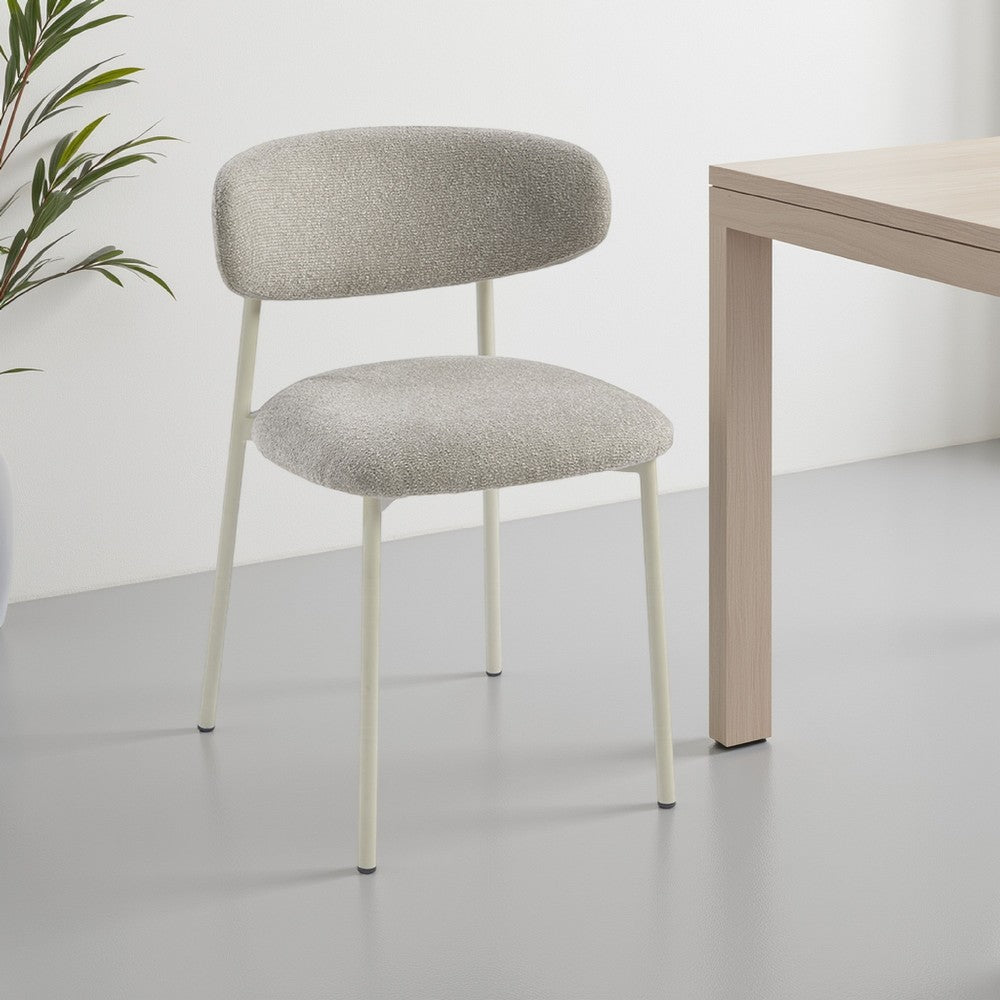 Benjara Sinra Side Dining Chair Set of 2, Light Gray Fabric, White Metal Frame