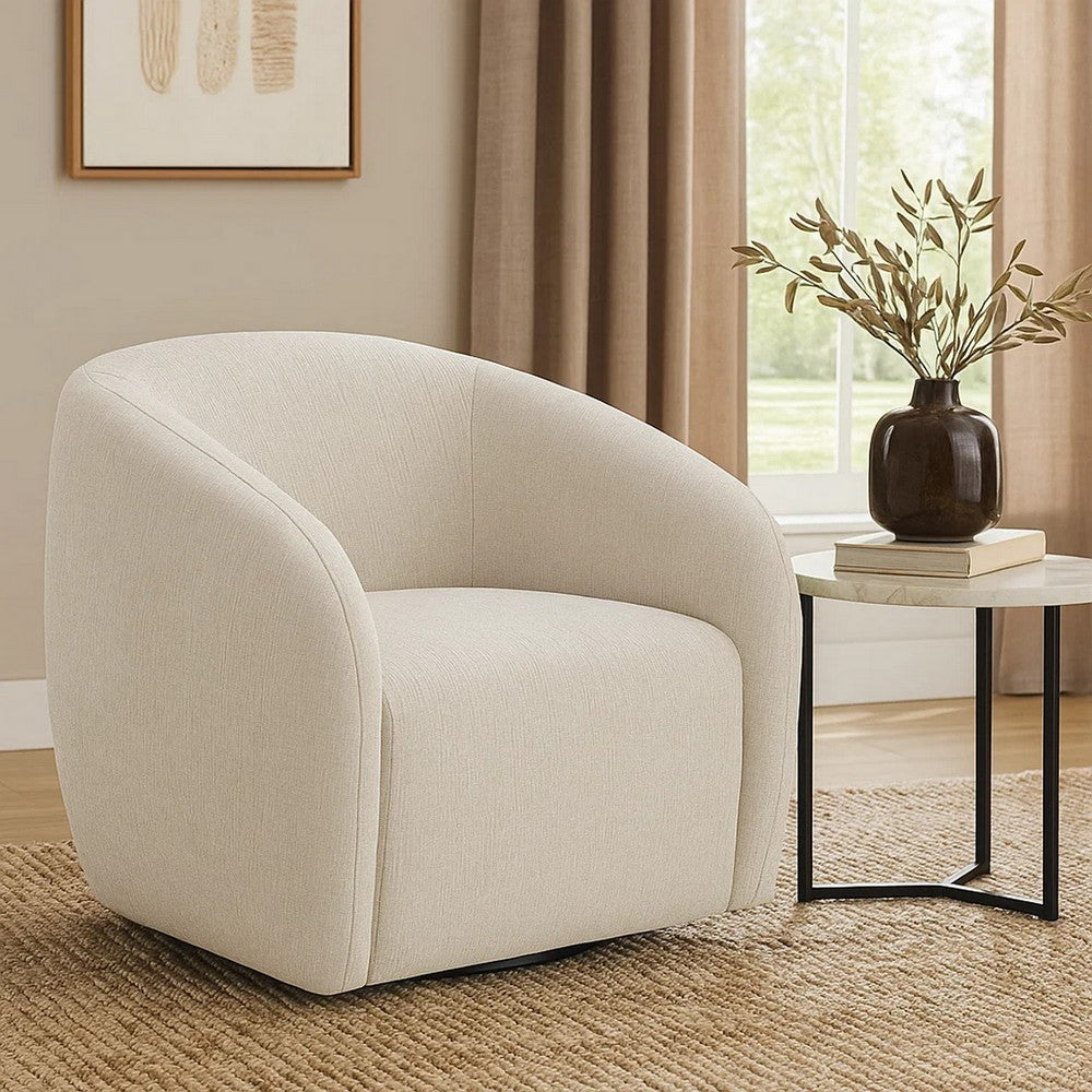 Benjara Tiena Swivel Accent Chair, Modern Style Rounded Back, Warm Beige Linen