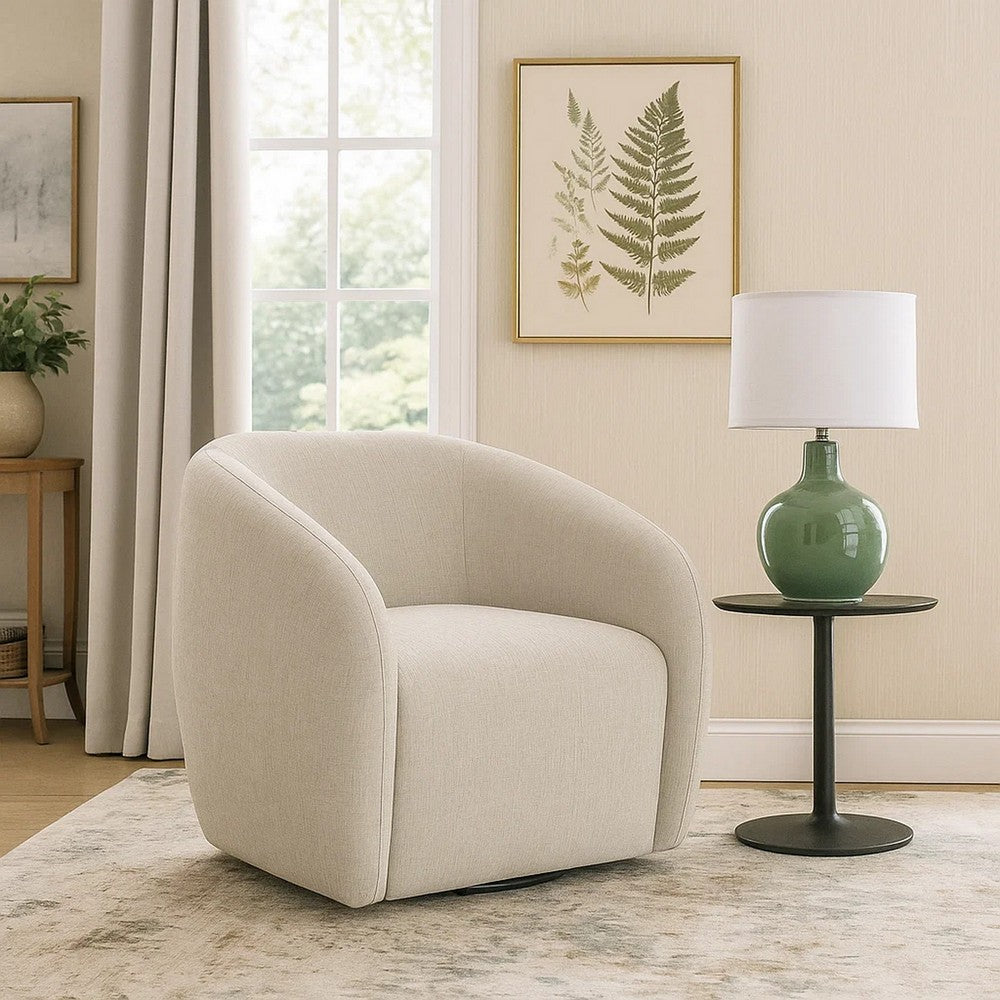Benjara Tiena Swivel Accent Chair, Modern Style Rounded Back, Warm Beige Linen