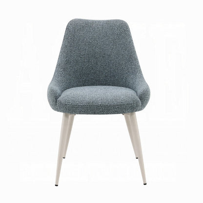 Benjara Aela Side Dining Chair Set of 2, Light Blue Boucle, Bone White Metal