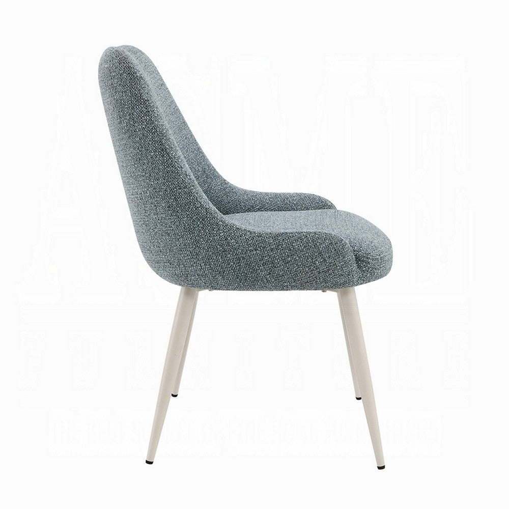 Benjara Aela Side Dining Chair Set of 2, Light Blue Boucle, Bone White Metal