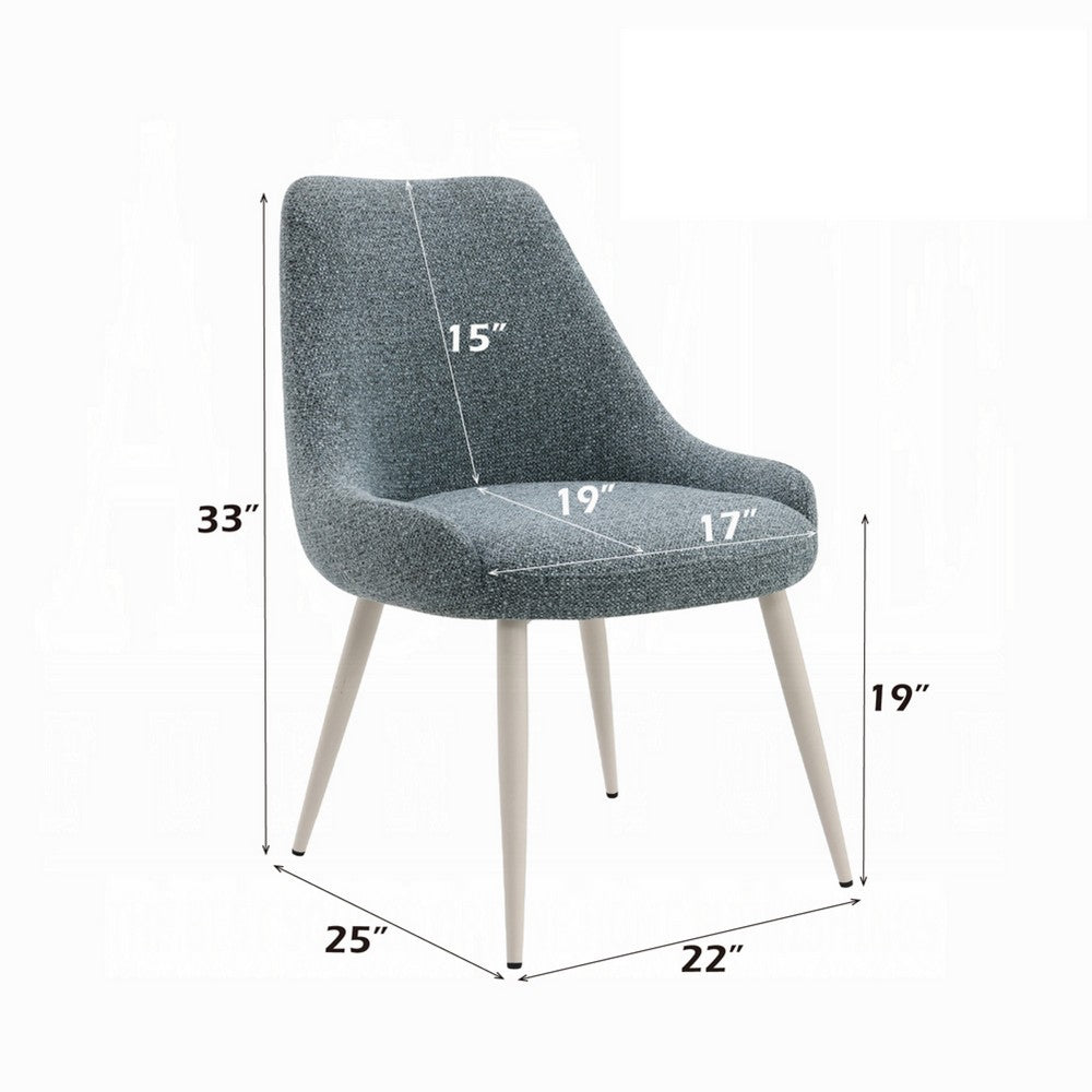 Benjara Aela Side Dining Chair Set of 2, Light Blue Boucle, Bone White Metal