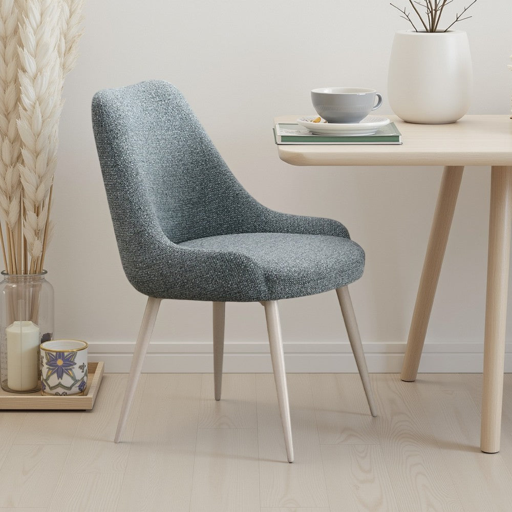 Benjara Aela Side Dining Chair Set of 2, Light Blue Boucle, Bone White Metal