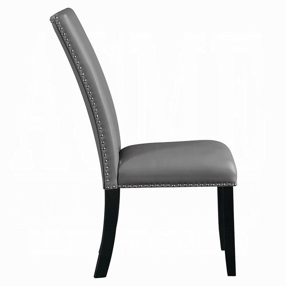 Benjara Aline Side Dining Chair Set of 2, Gray Faux Leather, Nailhead Trim