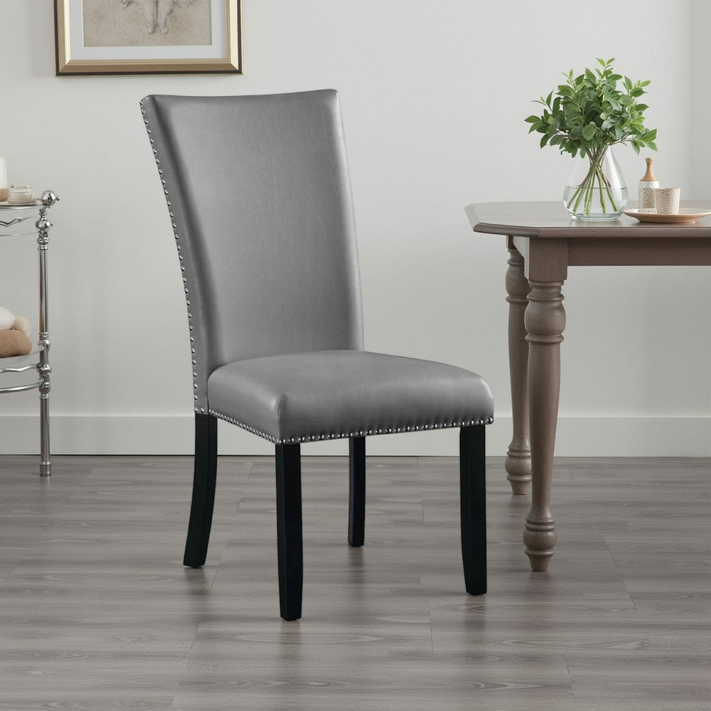 Benjara Aline Side Dining Chair Set of 2, Gray Faux Leather, Nailhead Trim
