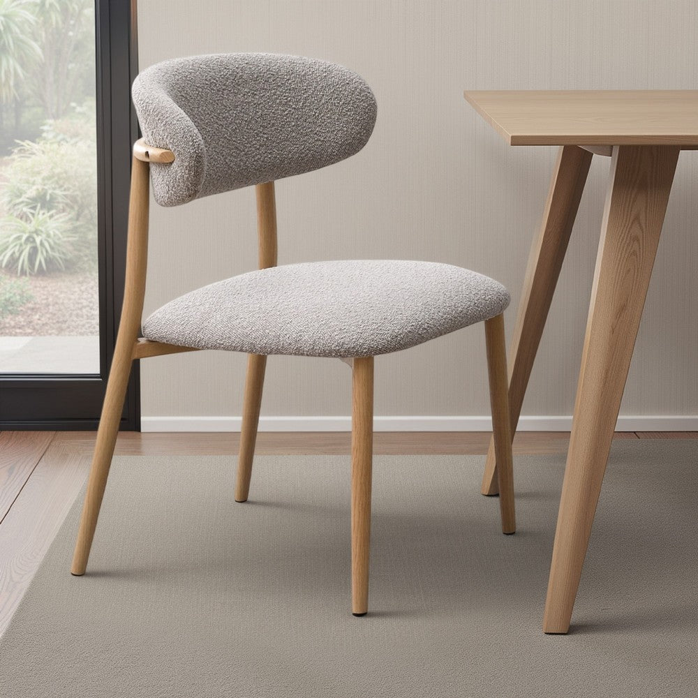Benjara Kacie Side Dining Chair Set of 2, Gray Boucle, Natural Brown Wood