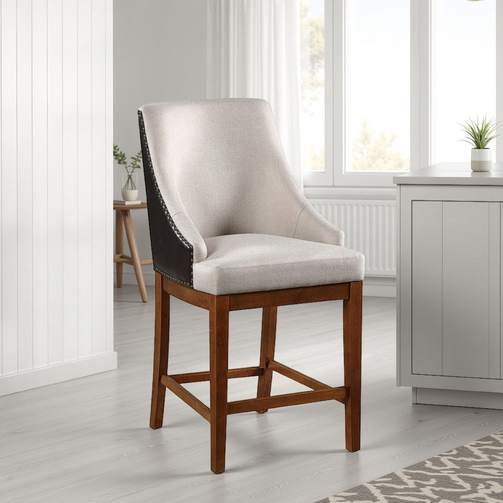Benjara Elsie Counter Height Chair Set of 2, Black Faux Leather, Gray Fabric