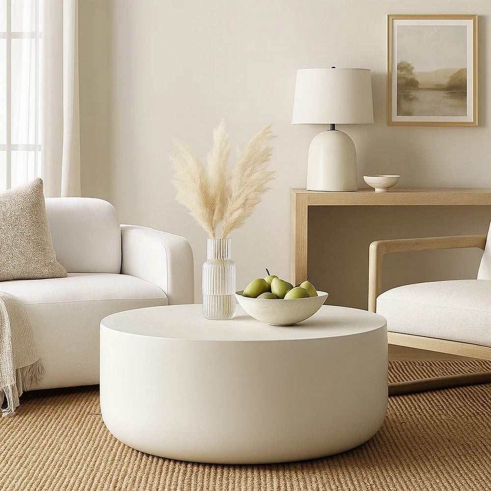 Benjara Utan 31 Inch Round Coffee Table, Modern Cement Frame, Off White