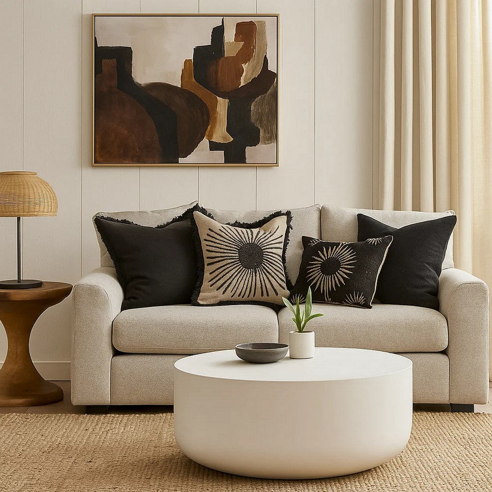 Benjara Utan 31 Inch Round Coffee Table, Modern Cement Frame, Off White