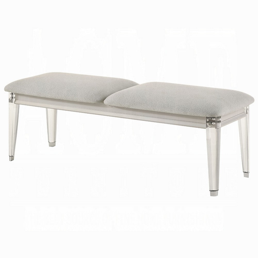 Benjara Veda Accent Bench, Light Gray Boucle, Pearl White Wood Finish, 54 Inch