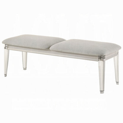 Benjara Veda Accent Bench, Light Gray Boucle, Pearl White Wood Finish, 54 Inch