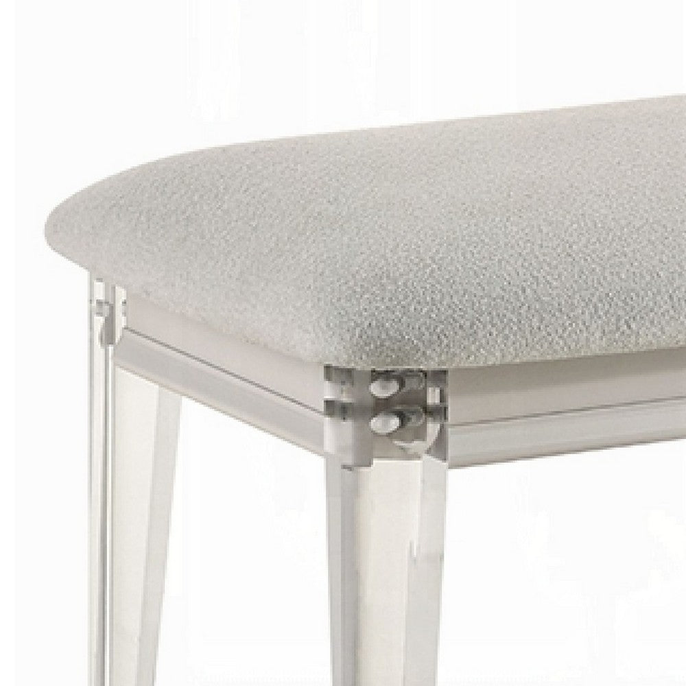 Benjara Veda Accent Bench, Light Gray Boucle, Pearl White Wood Finish, 54 Inch