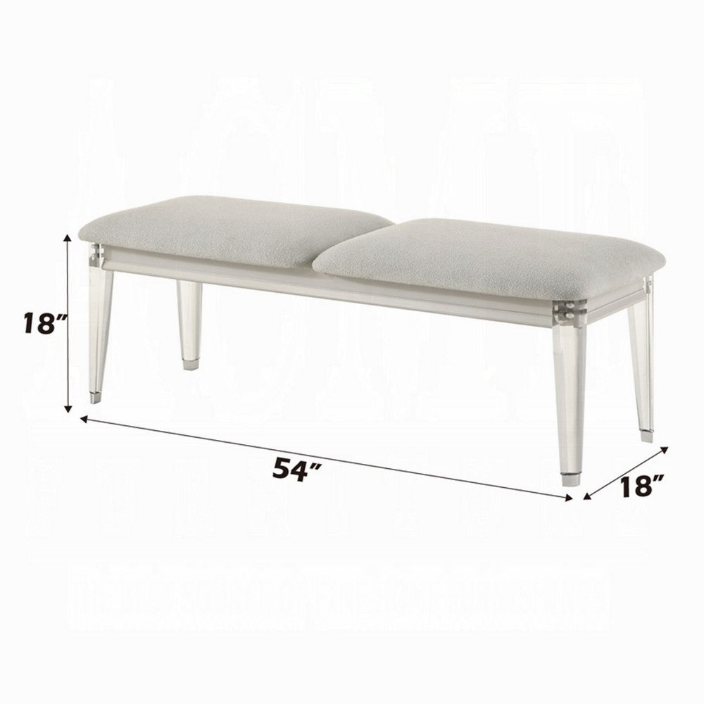 Benjara Veda Accent Bench, Light Gray Boucle, Pearl White Wood Finish, 54 Inch