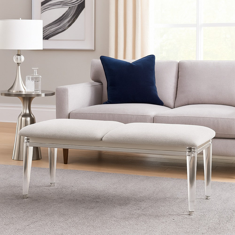Benjara Veda Accent Bench, Light Gray Boucle, Pearl White Wood Finish, 54 Inch