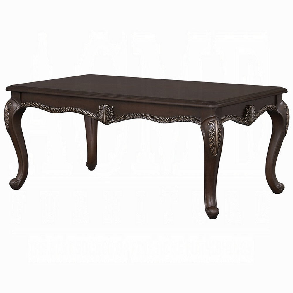 Benjara Reese Coffee Table, European Carved Classic Cherry Brown Wood, 48 Inch