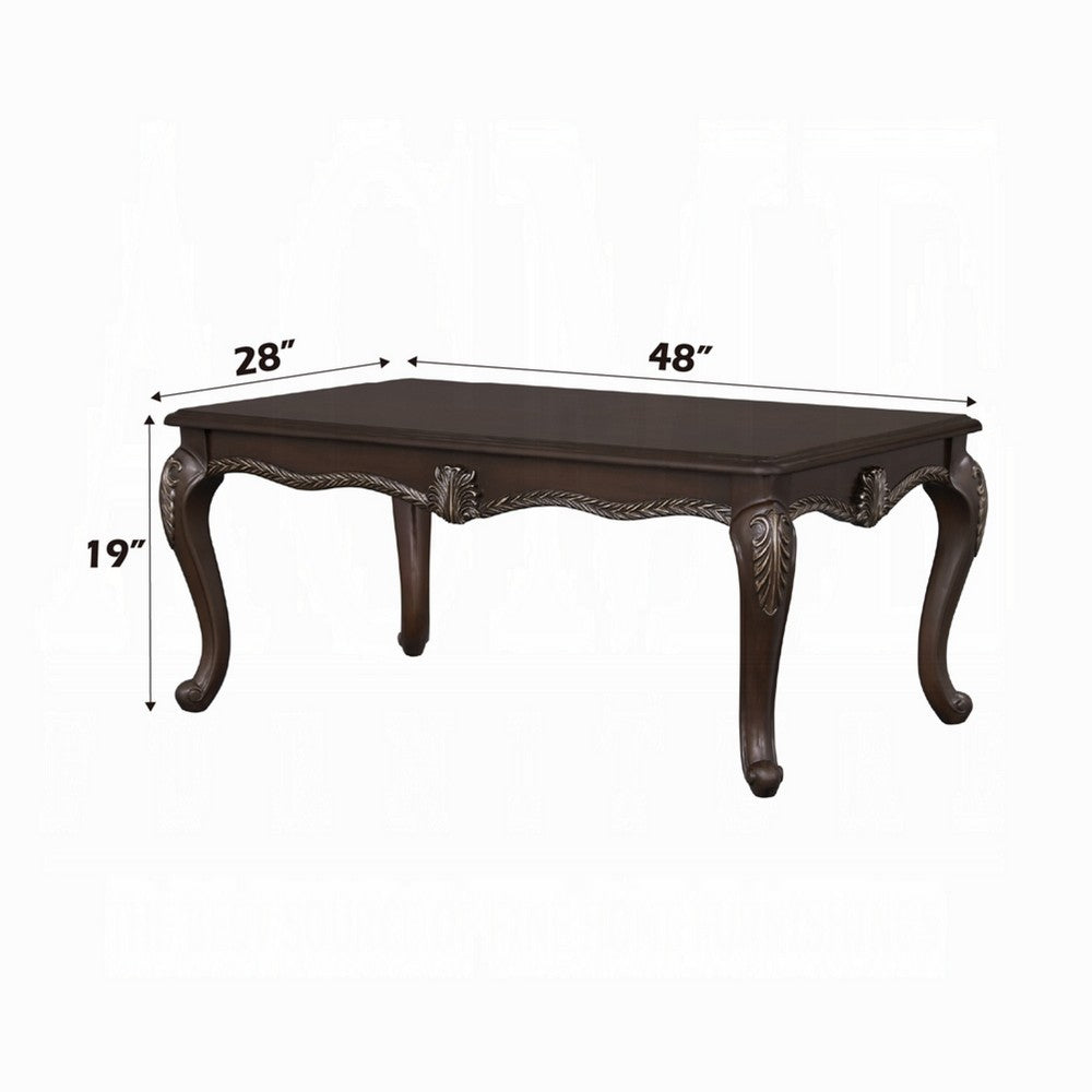Benjara Reese Coffee Table, European Carved Classic Cherry Brown Wood, 48 Inch
