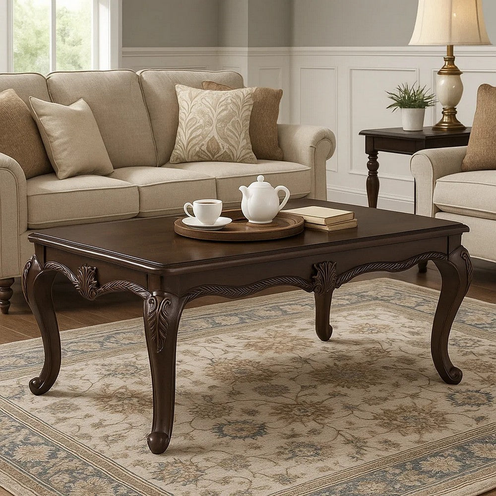 Benjara Reese Coffee Table, European Carved Classic Cherry Brown Wood, 48 Inch