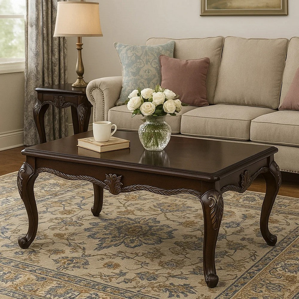 Benjara Reese Coffee Table, European Carved Classic Cherry Brown Wood, 48 Inch