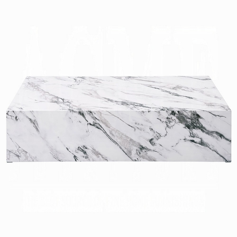 Benjara Ritzy Coffee Table, Modern Plinth, White Gray Faux Stone, 48 Inch