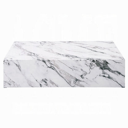 Benjara Ritzy Coffee Table, Modern Plinth, White Gray Faux Stone, 48 Inch