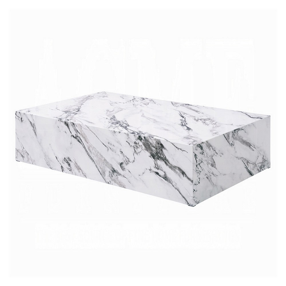 Benjara Ritzy Coffee Table, Modern Plinth, White Gray Faux Stone, 48 Inch