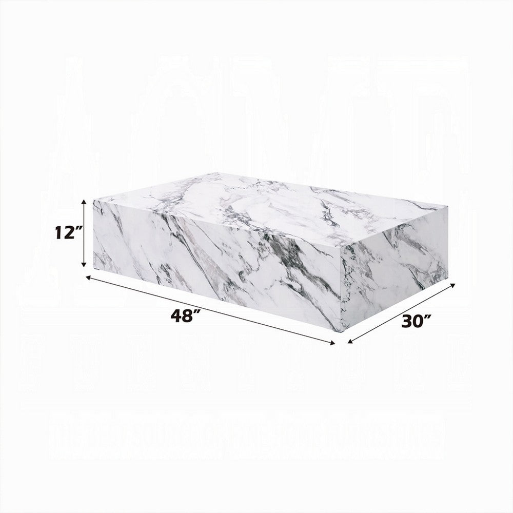 Benjara Ritzy Coffee Table, Modern Plinth, White Gray Faux Stone, 48 Inch