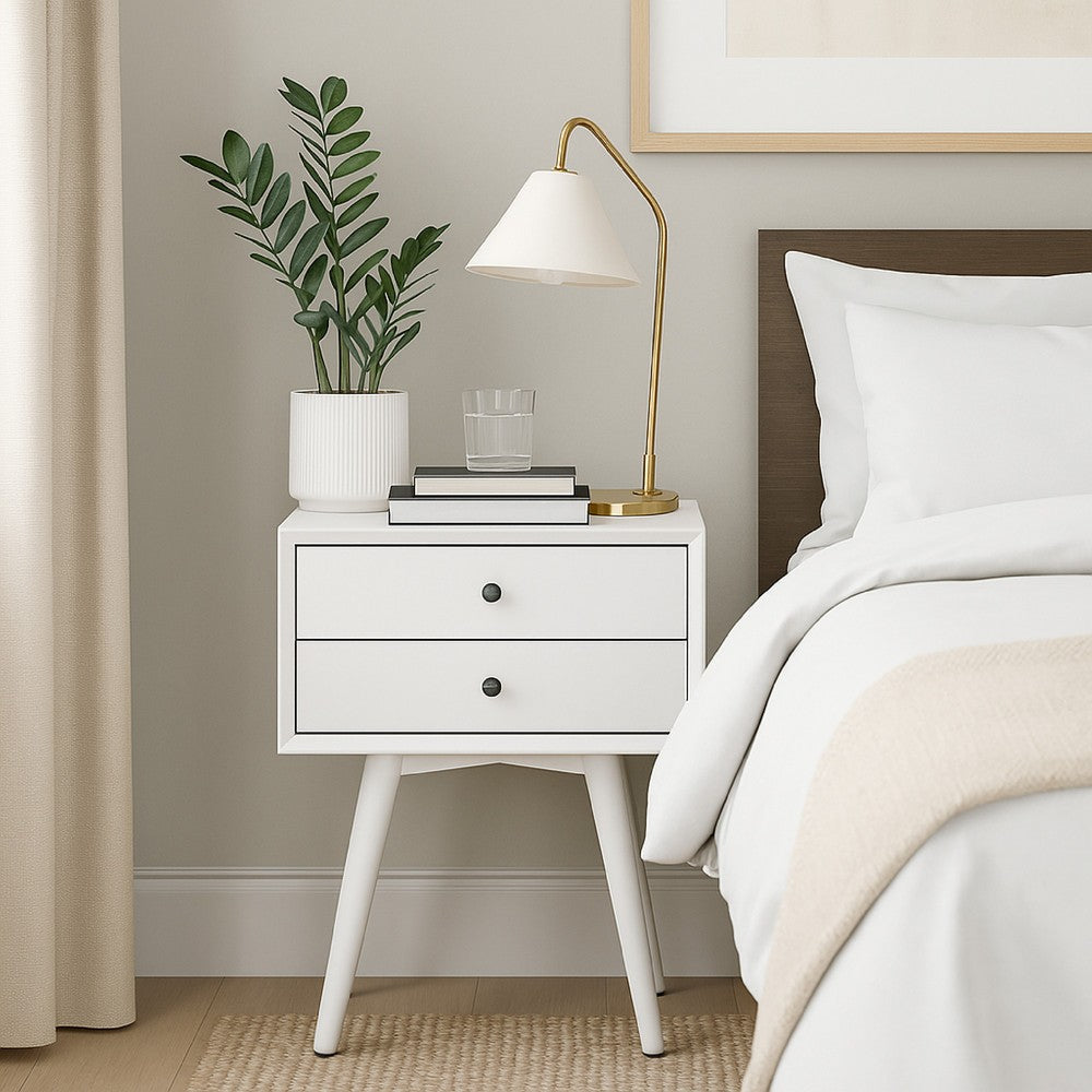 Benjara Ian Small Nightstand w 2 Drawers, Modern White Solid Mahogany Wood