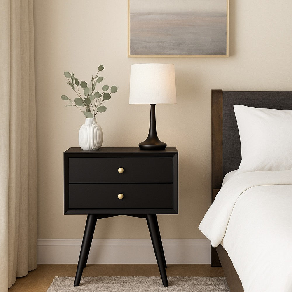 Benjara Ian Small Nightstand w 2 Drawers, Modern Black Solid Mahogany Wood
