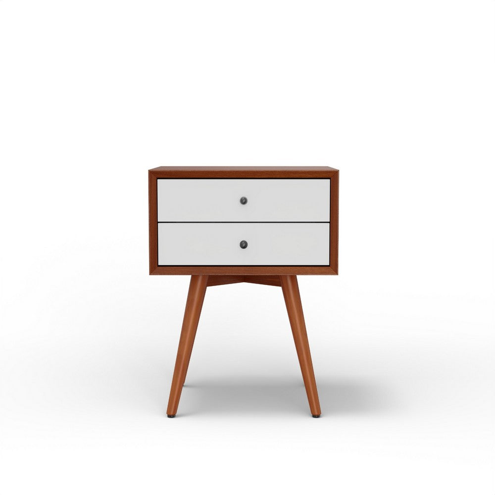 Benjara Ian Small Nightstand, 2 Drawers, Brown And White Solid Mahogany Wood