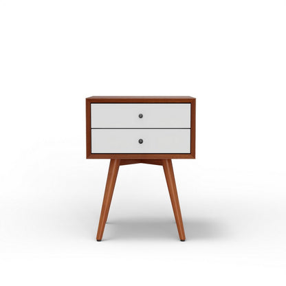 Benjara Ian Small Nightstand, 2 Drawers, Brown And White Solid Mahogany Wood