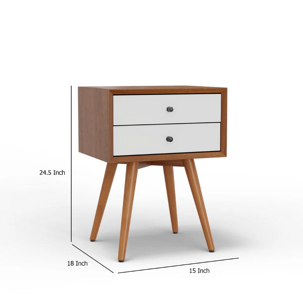Benjara Ian Small Nightstand, 2 Drawers, Brown And White Solid Mahogany Wood