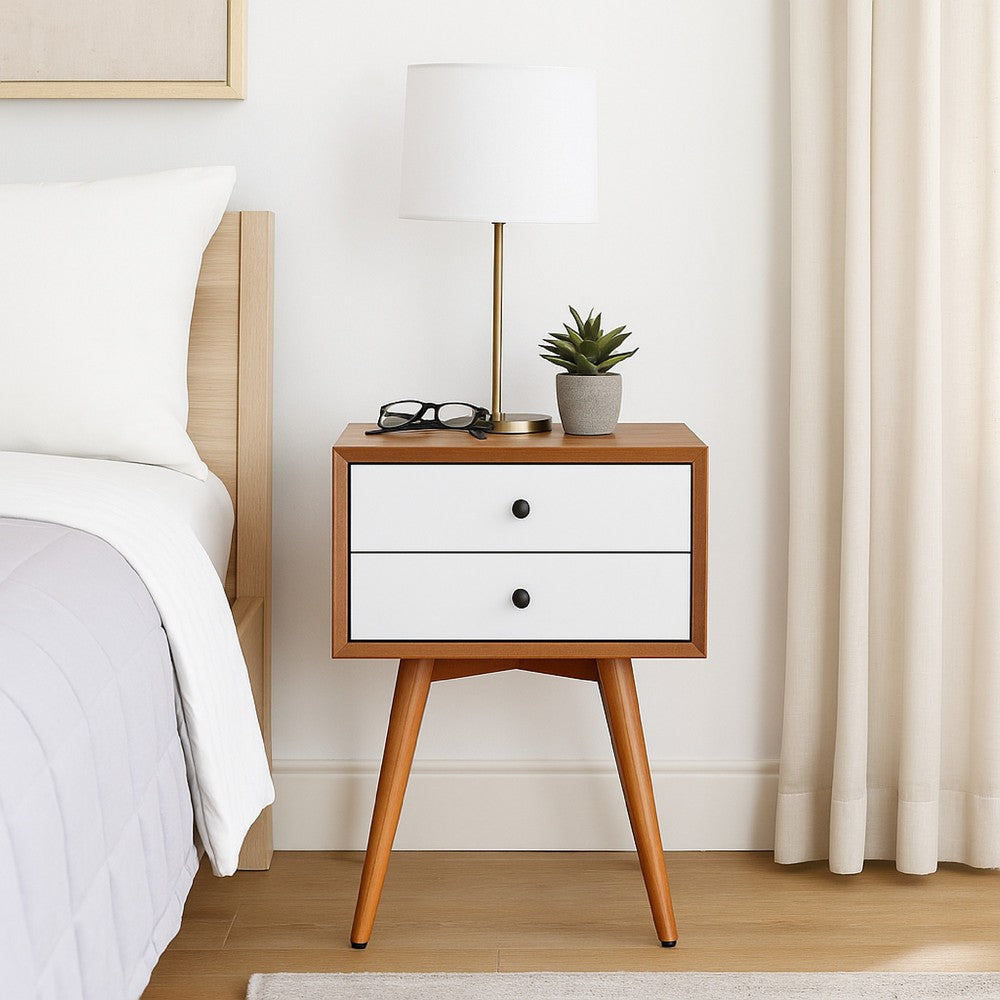 Benjara Ian Small Nightstand, 2 Drawers, Brown And White Solid Mahogany Wood