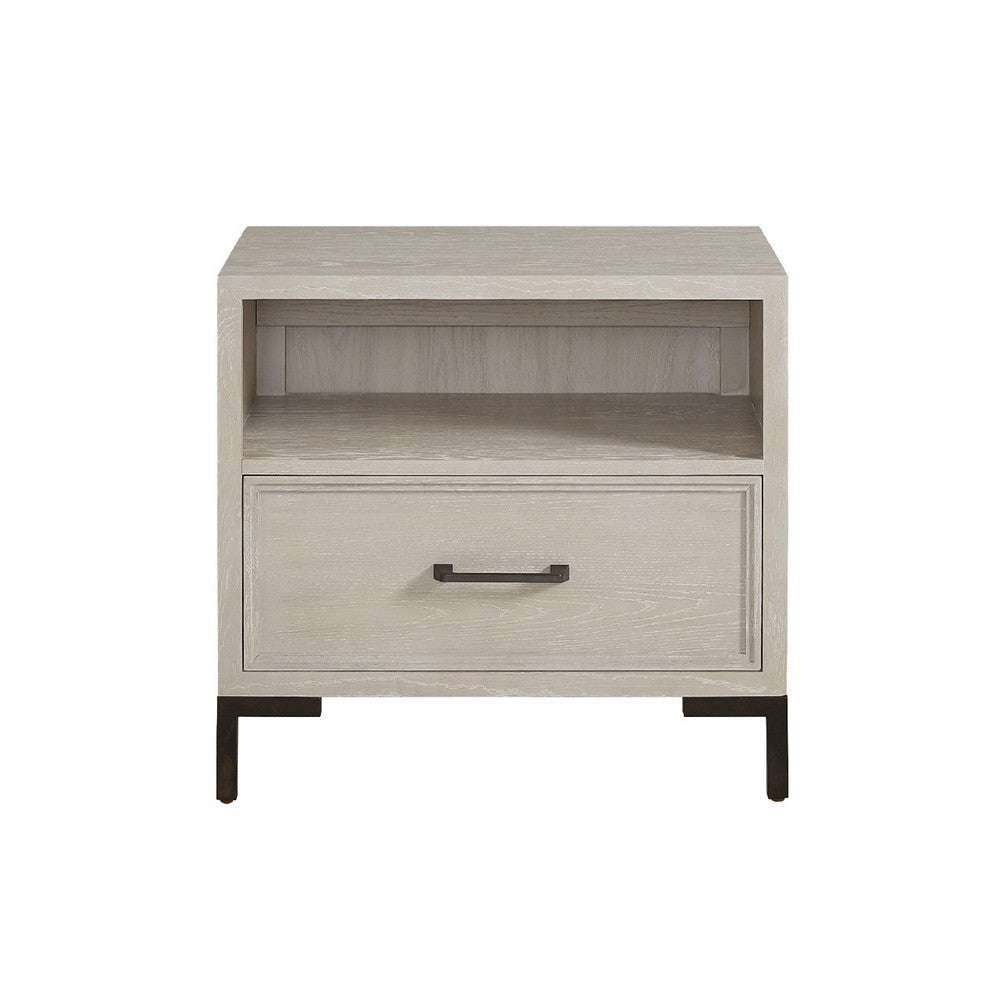 Benjara Bedy Nightstand, Drawer n Cubby, Black Metal, Antique White Oak Wood