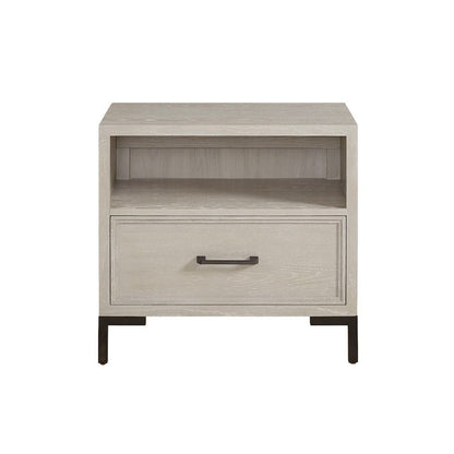 Benjara Bedy Nightstand, Drawer n Cubby, Black Metal, Antique White Oak Wood